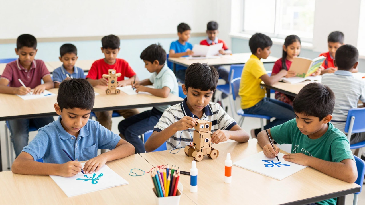 Diverse group of Indian children engaged in creative arts and robotics activities in a classroom.