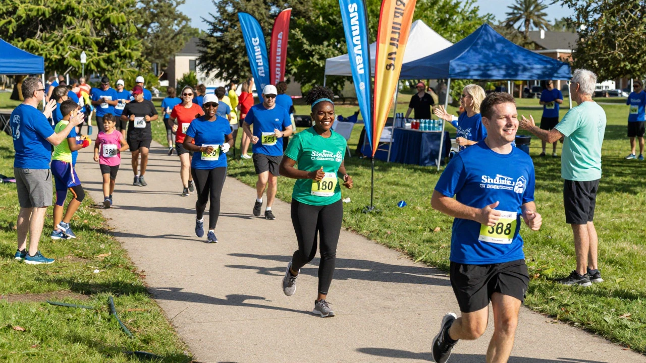 Diverse group of people participating in a sunny outdoor charity fun run.