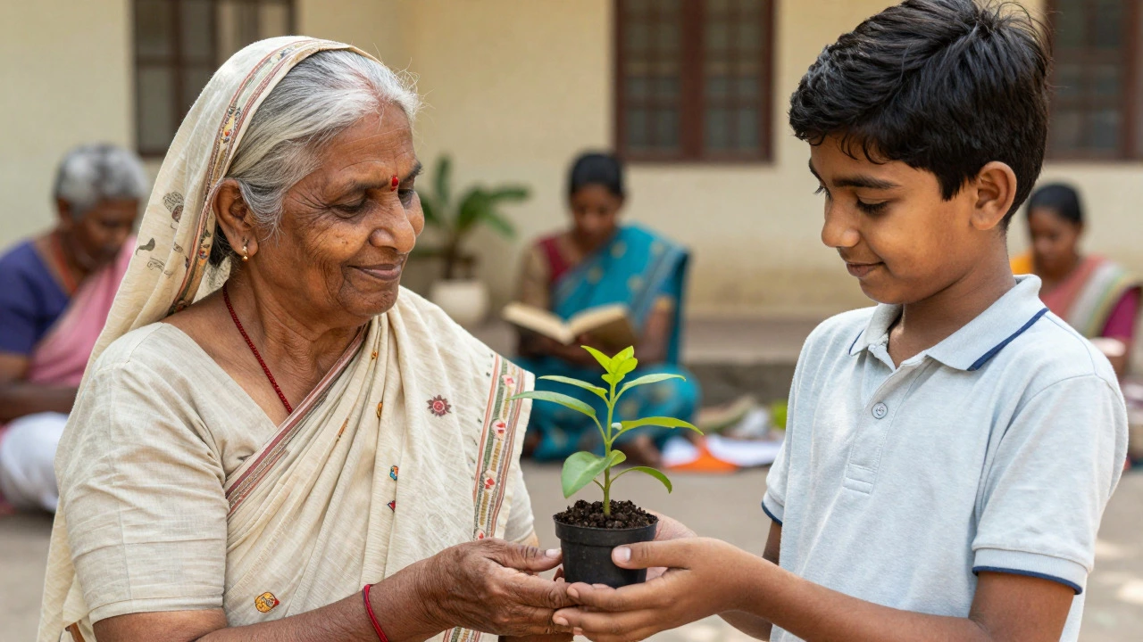 Elderly mentor sharing a plant with a youth in a community center