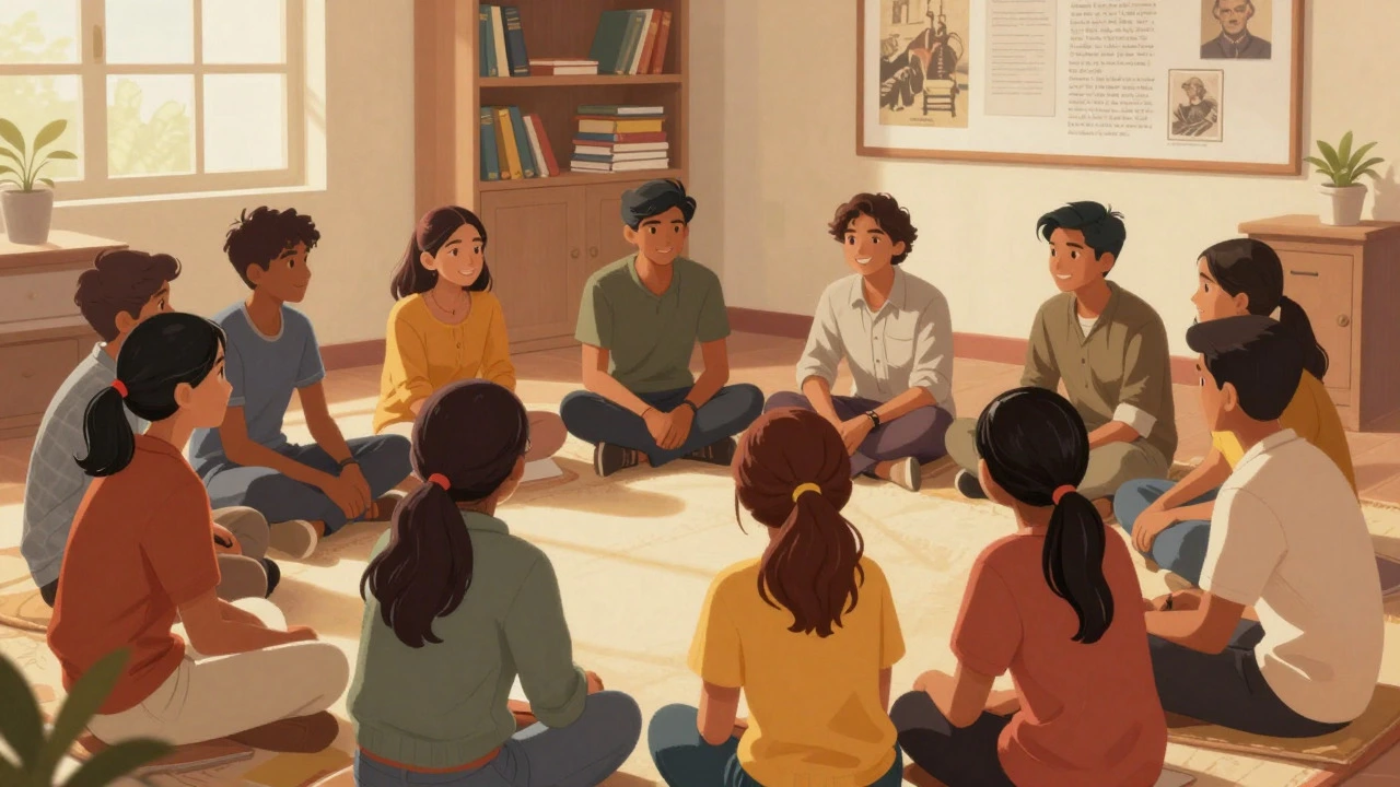 Indian teens and mentors sitting in a circle for a supportive discussion and reflection session.