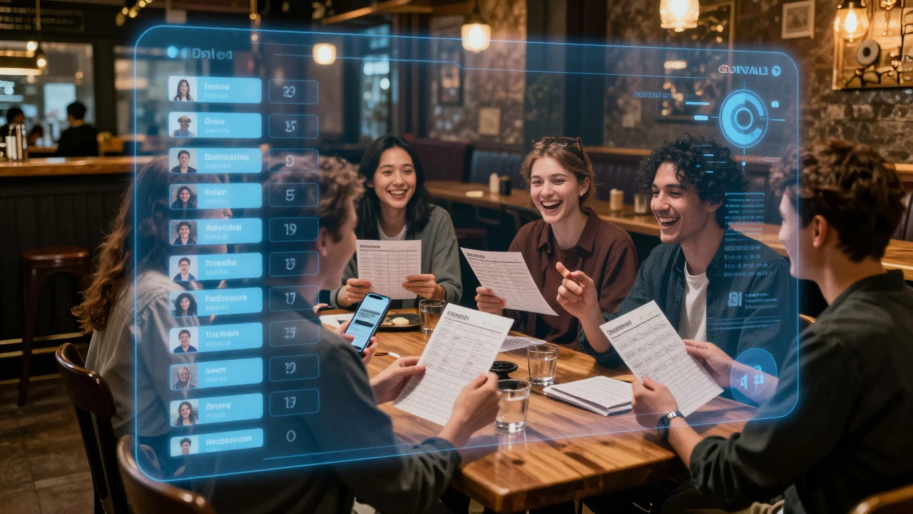 Trivia night in a pub blended with digital online auction interfaces on phones.
