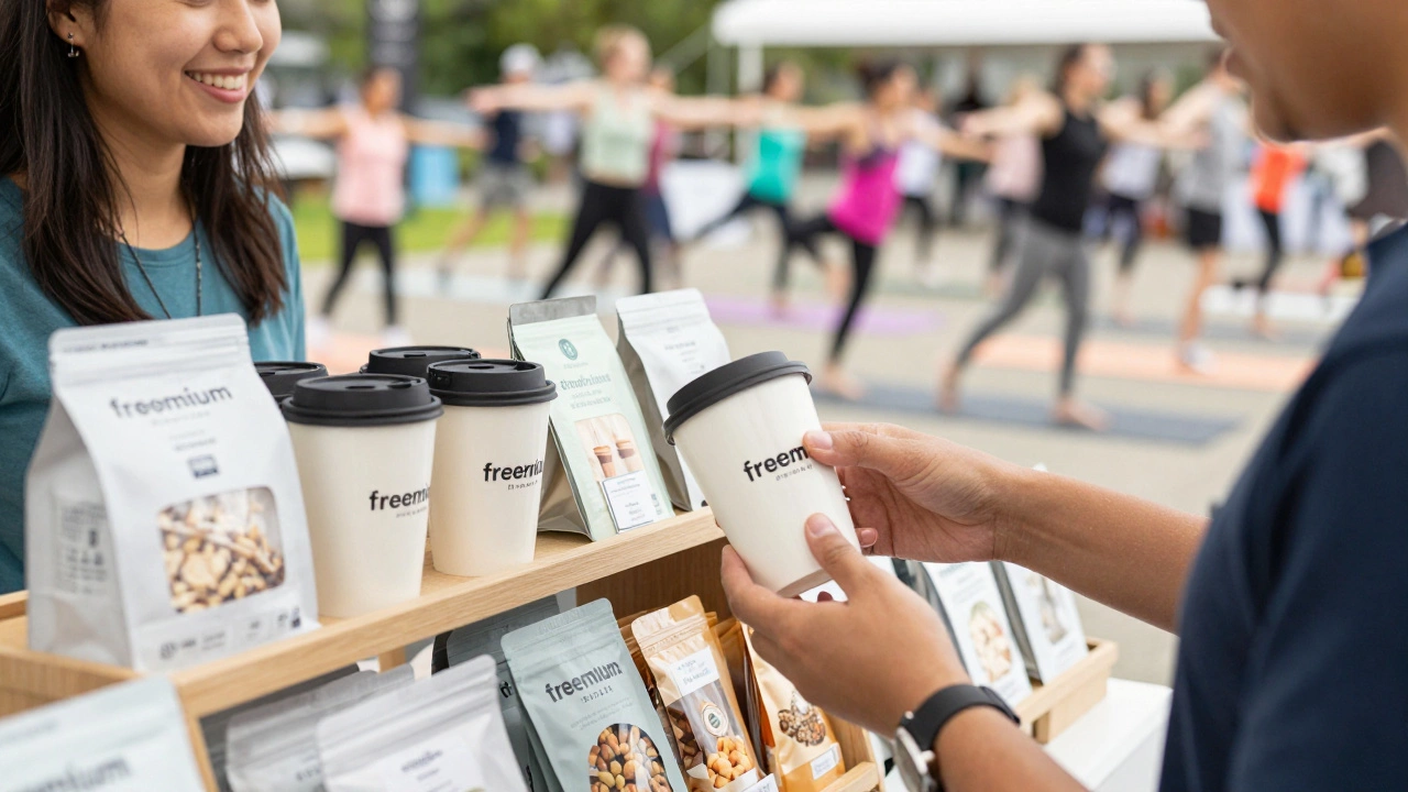 Vendor selling merchandise at a busy charity event stall