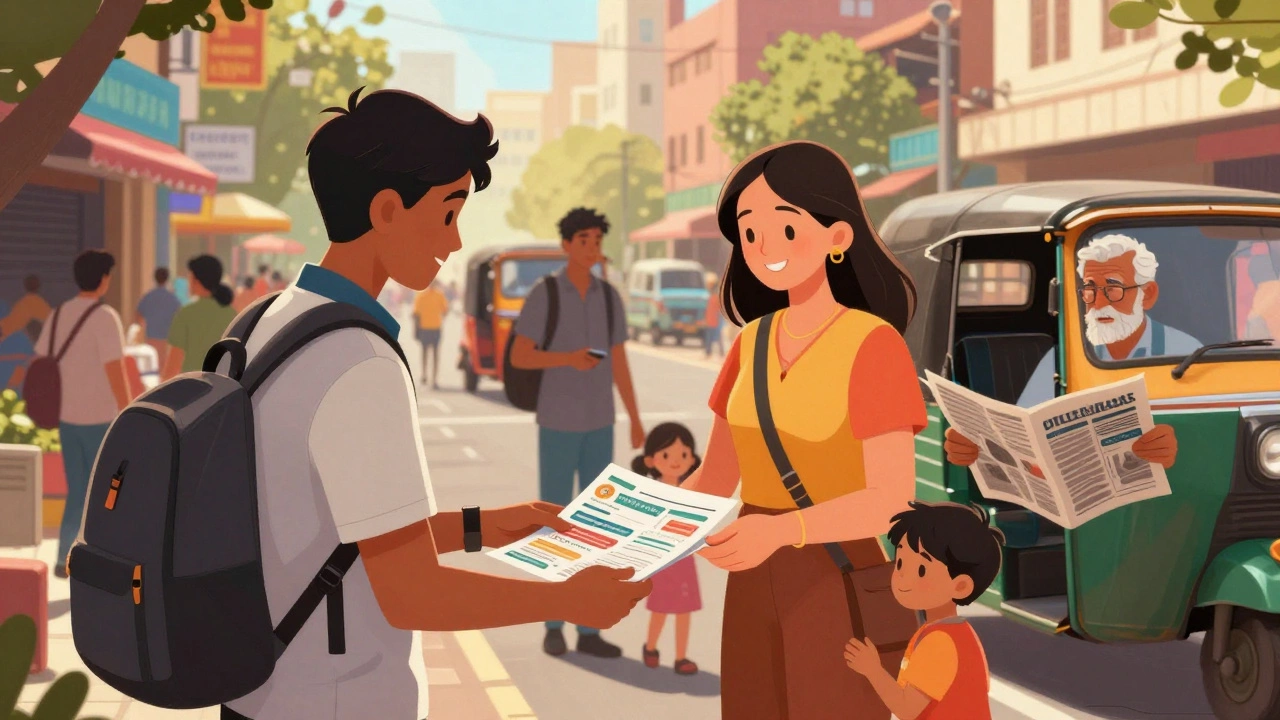 Volunteer distributing flyers to diverse groups in an Indian street