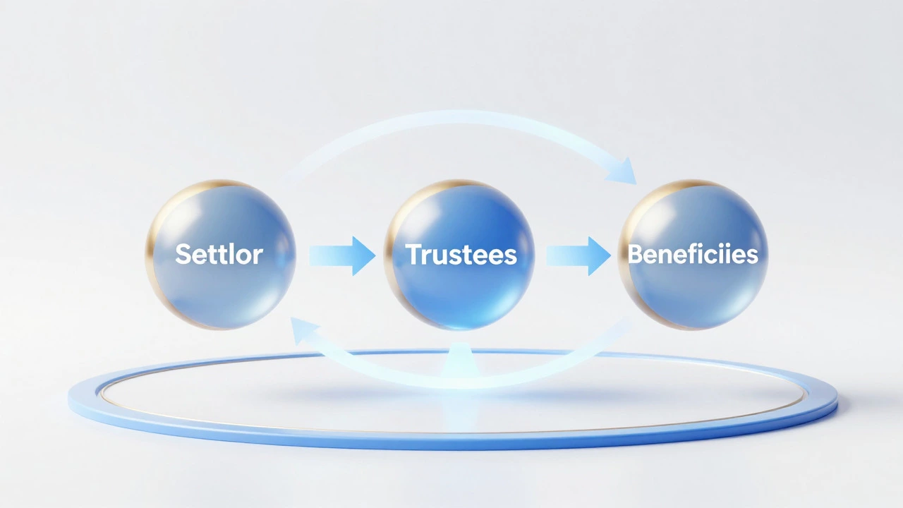 Abstract illustration of three glowing spheres connected by light beams representing trust roles