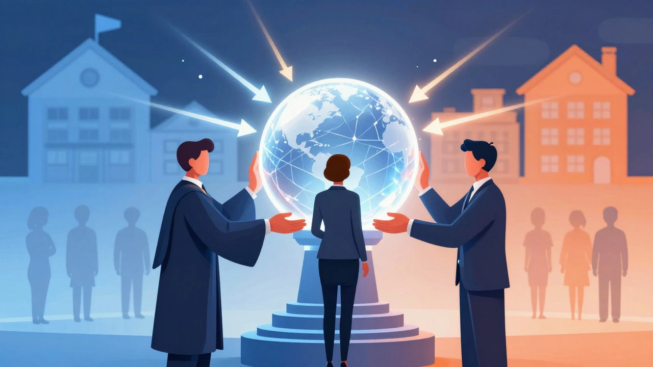 Conceptual art showing trustees managing a glowing asset orb for public benefit