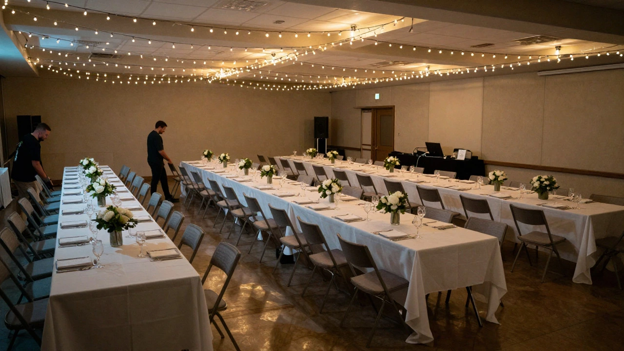 Empty banquet hall set up for a gala dinner with string lights