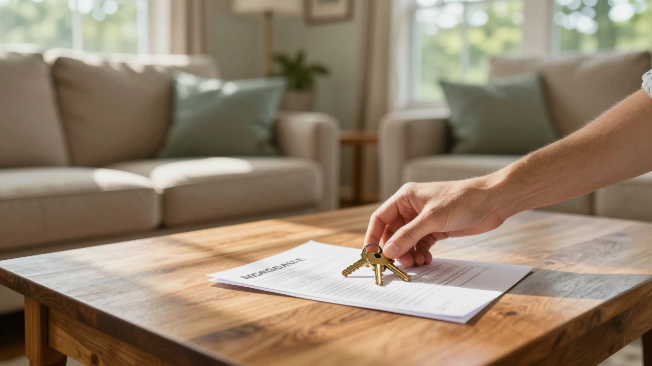 Hand reaching for house keys on a table in a sunny living room