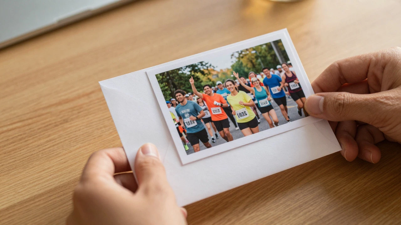 Hands placing a thank-you card next to a photo of a charity fun run