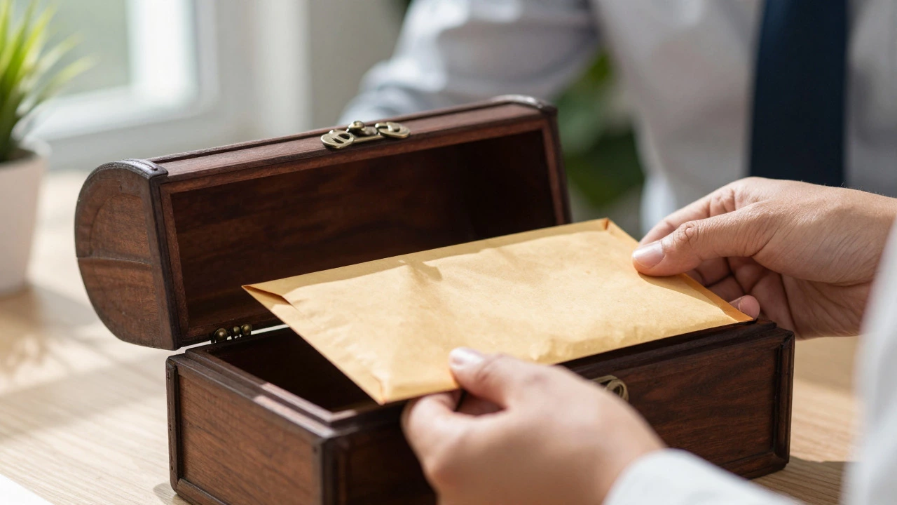 Hands sealing an envelope inside a wooden box, symbolizing the secure transfer of trust assets
