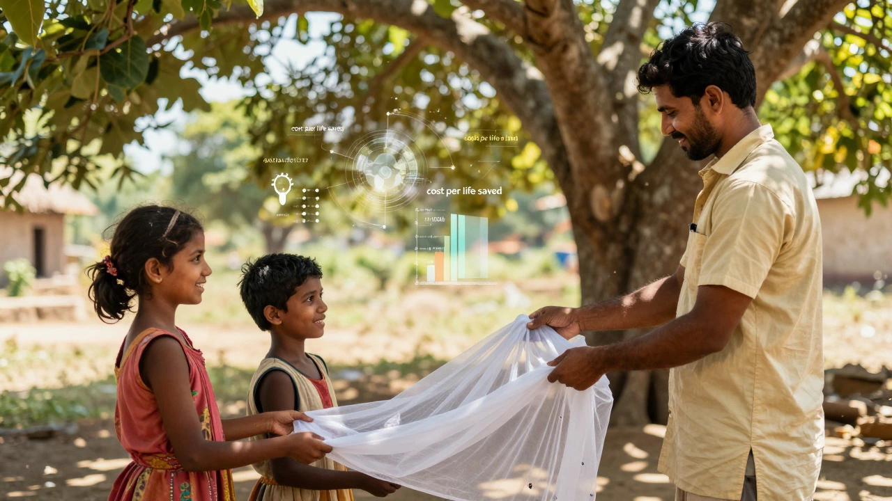 Health worker distributing bed nets in a village, symbolizing cost-effective global aid.