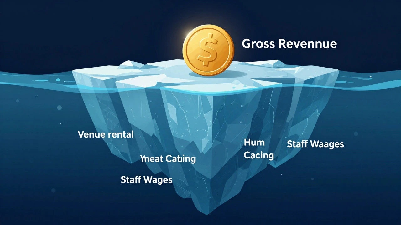 Iceberg metaphor showing gross revenue above water and hidden costs below.