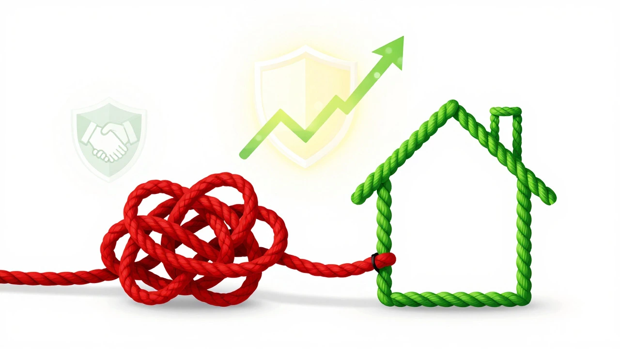 Tangled red threads transforming into a green house-shaped rope