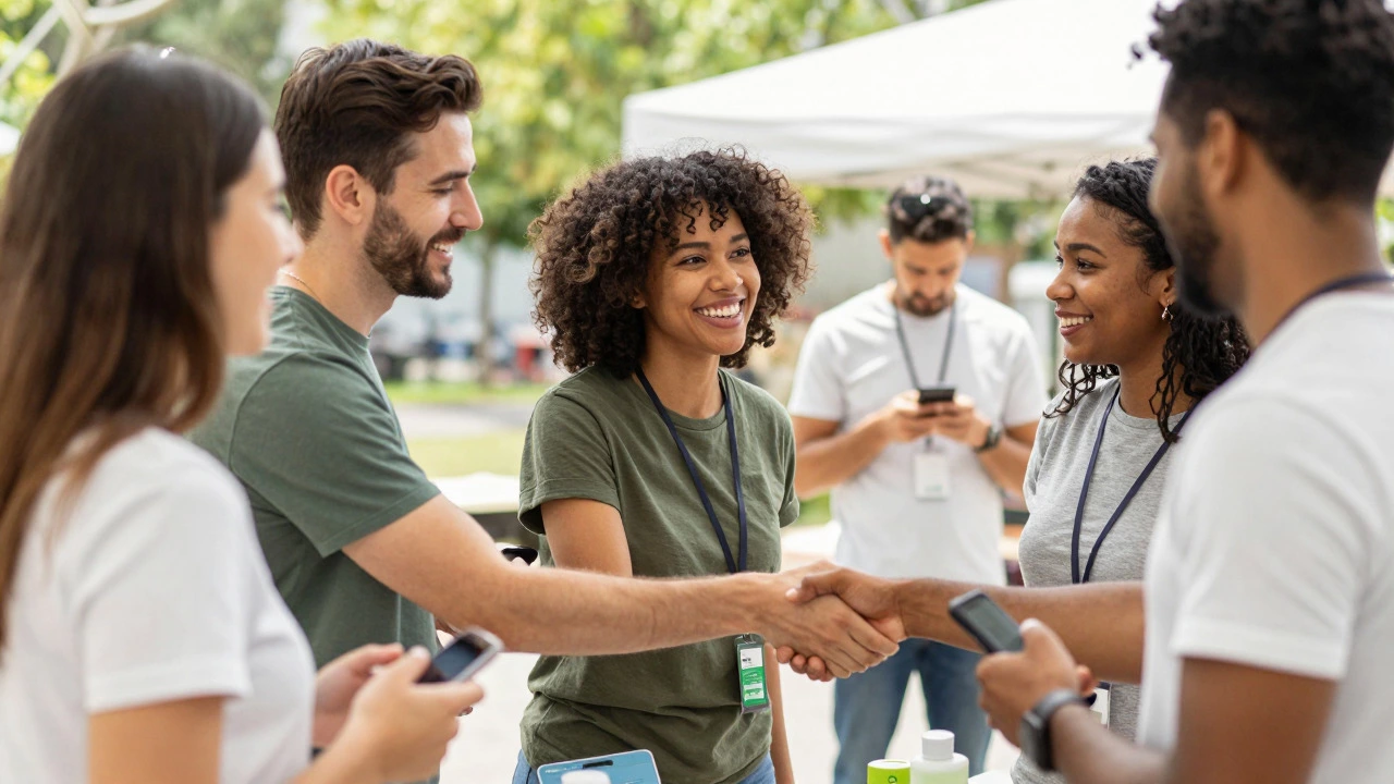 Volunteers and donors networking at a low-cost, community-focused fundraiser.