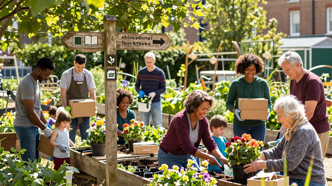 Volunteers planting and helping in a community garden funded by charitable trusts