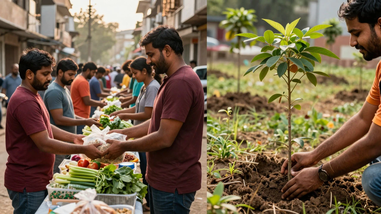 Volunteers sorting food and planting trees, highlighting local and environmental charity work.