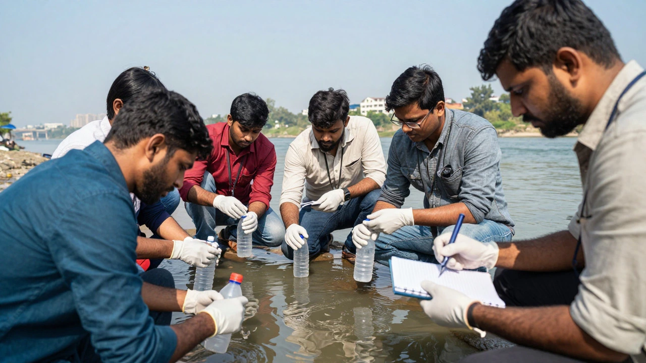 Volunteers testing river water quality with scientific equipment