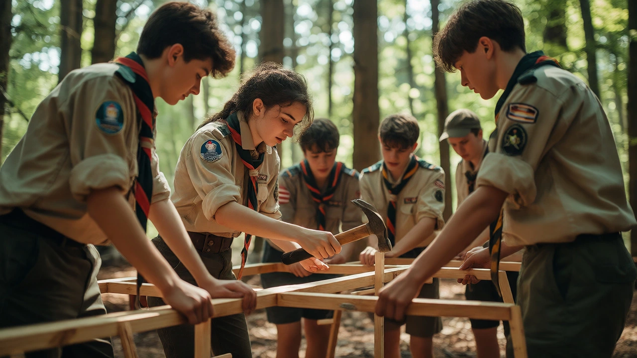 A patrol of youths building a wooden shelter frame in a forest clearing.