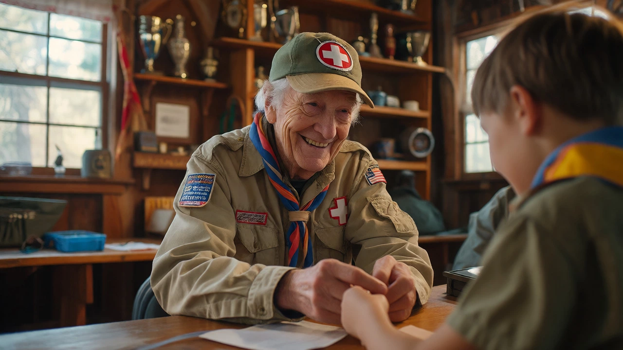 An adult volunteer helping a child practice first aid inside a Scout hall.