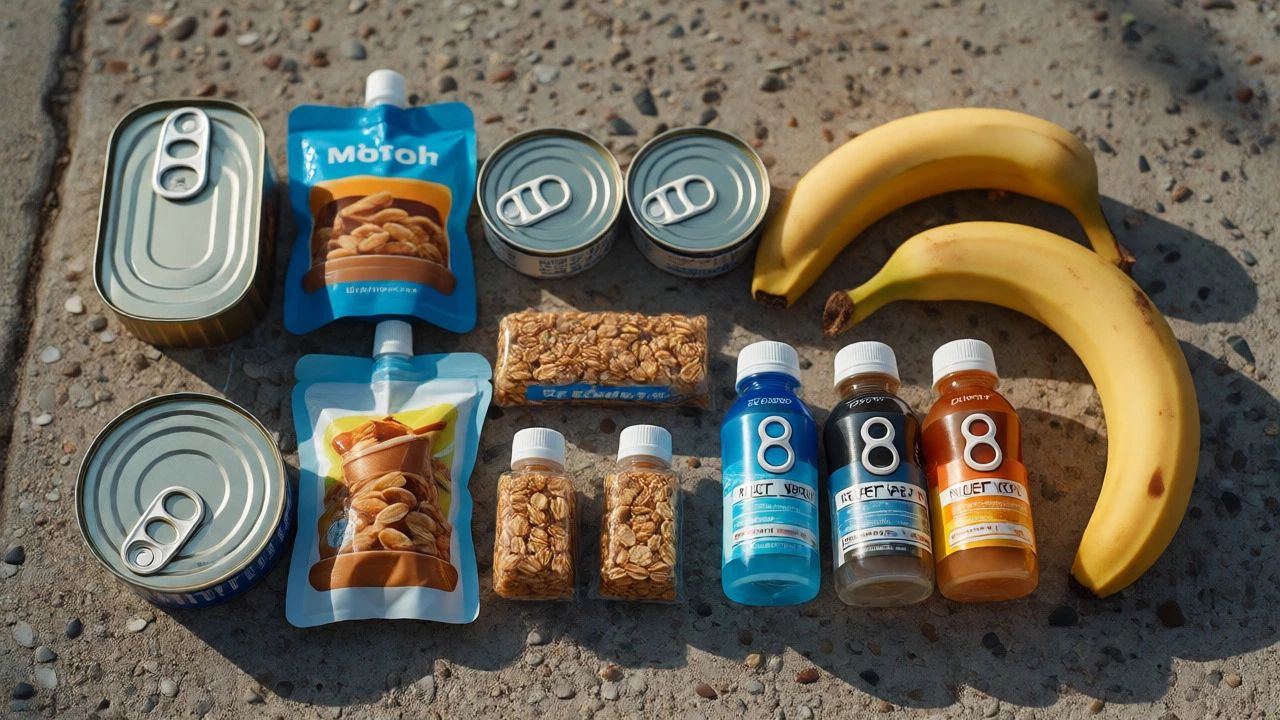 Assortment of portable, no-cook food items like nuts and canned tuna on pavement