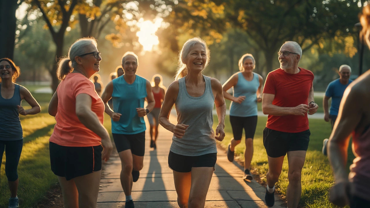 Community running club members chatting after a morning jog
