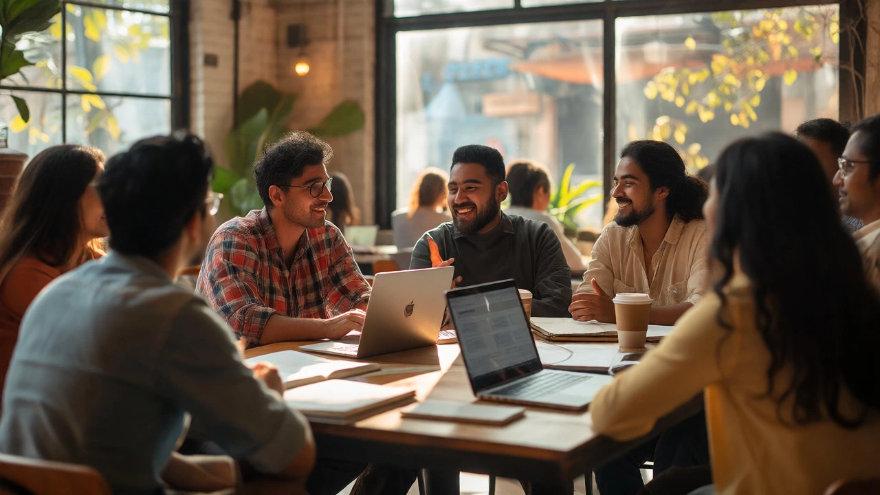 Diverse group networking casually in a bright cafe setting