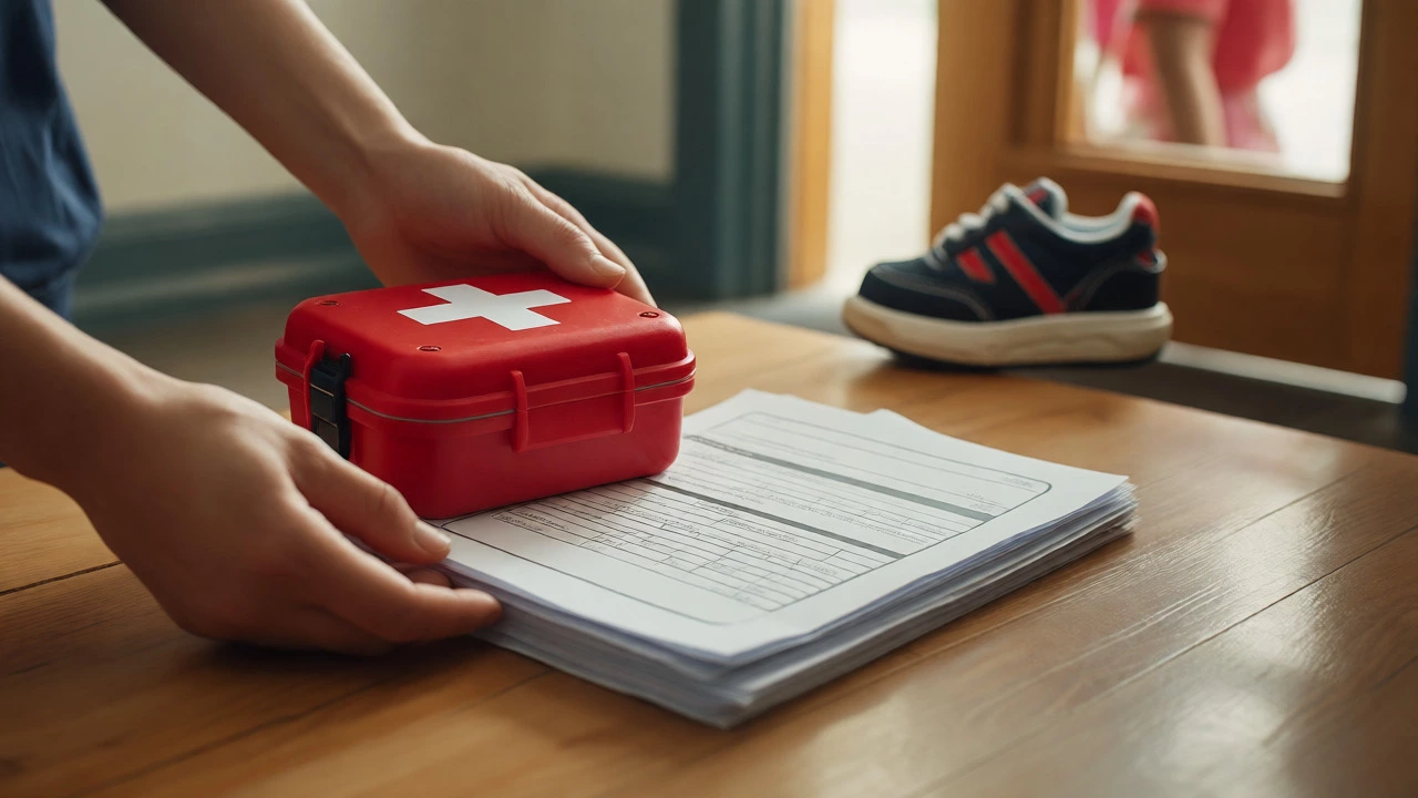 First aid kit and forms on a table ready for a kids group session
