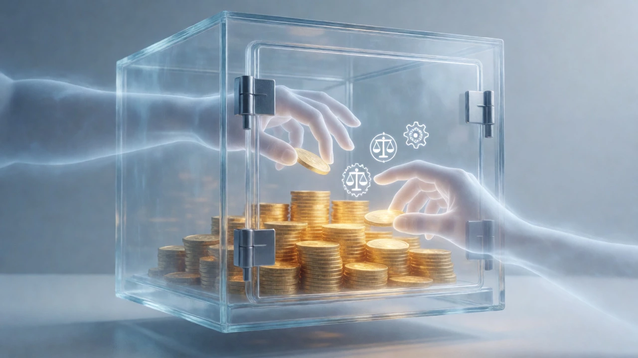 Glass vault with gold being taken by ghostly hands, illustrating trust maintenance fees.