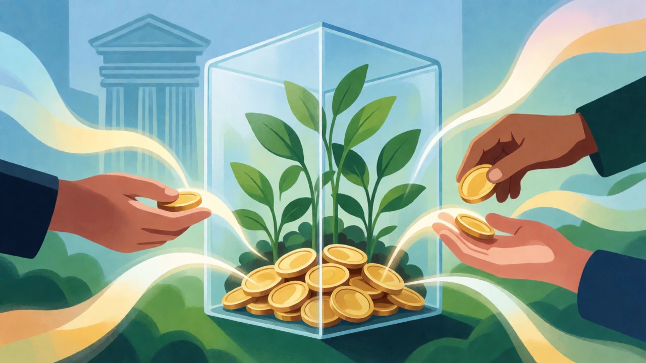 Glass vault with plants and coins surrounded by glowing ribbons.