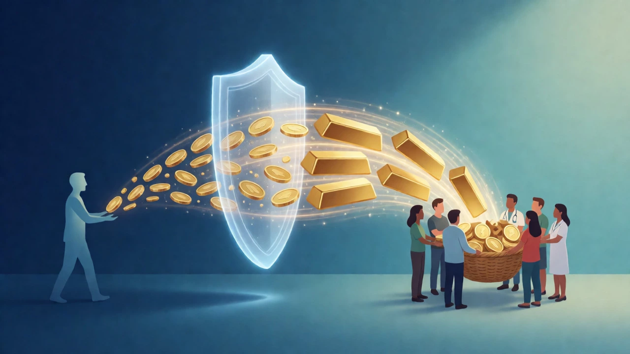 Golden coins multiplying as they pass through a shield into charity baskets