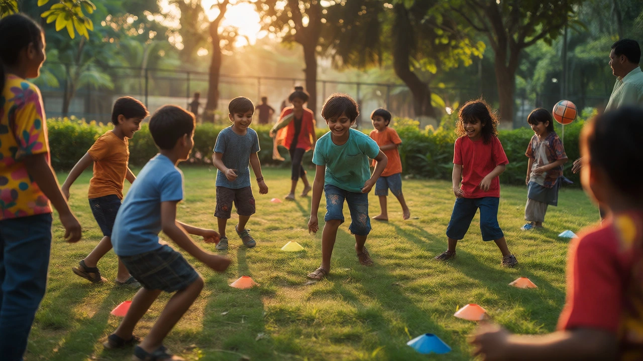 Kids playing games outdoors with supervisors in a park