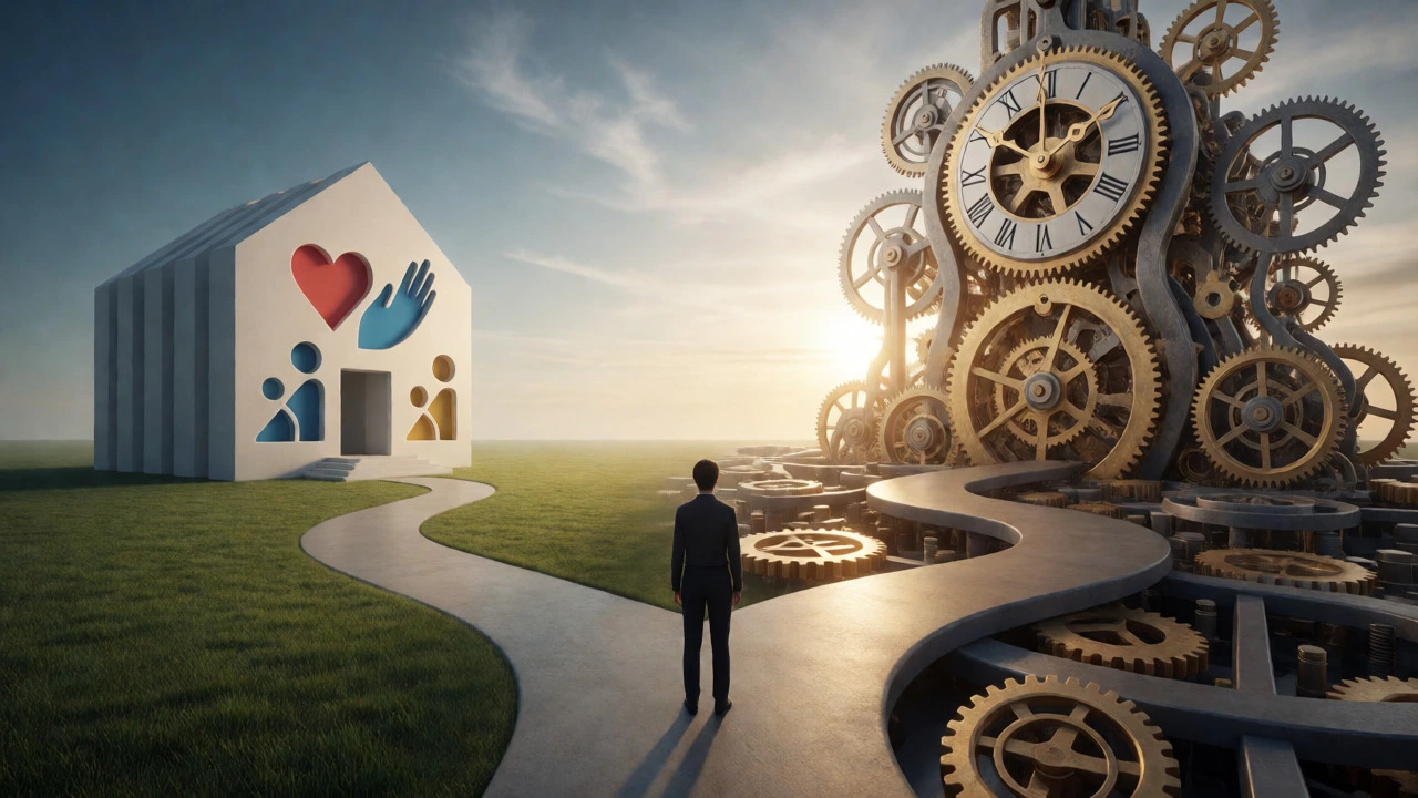 Person at a crossroads between simple charity and complex trust mechanisms.