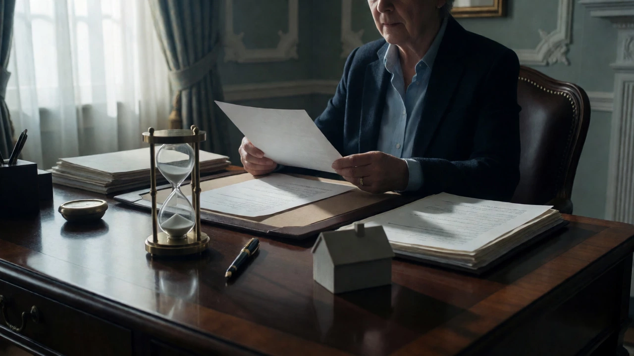 Person reviewing asset transfer documents at a desk with an hourglass