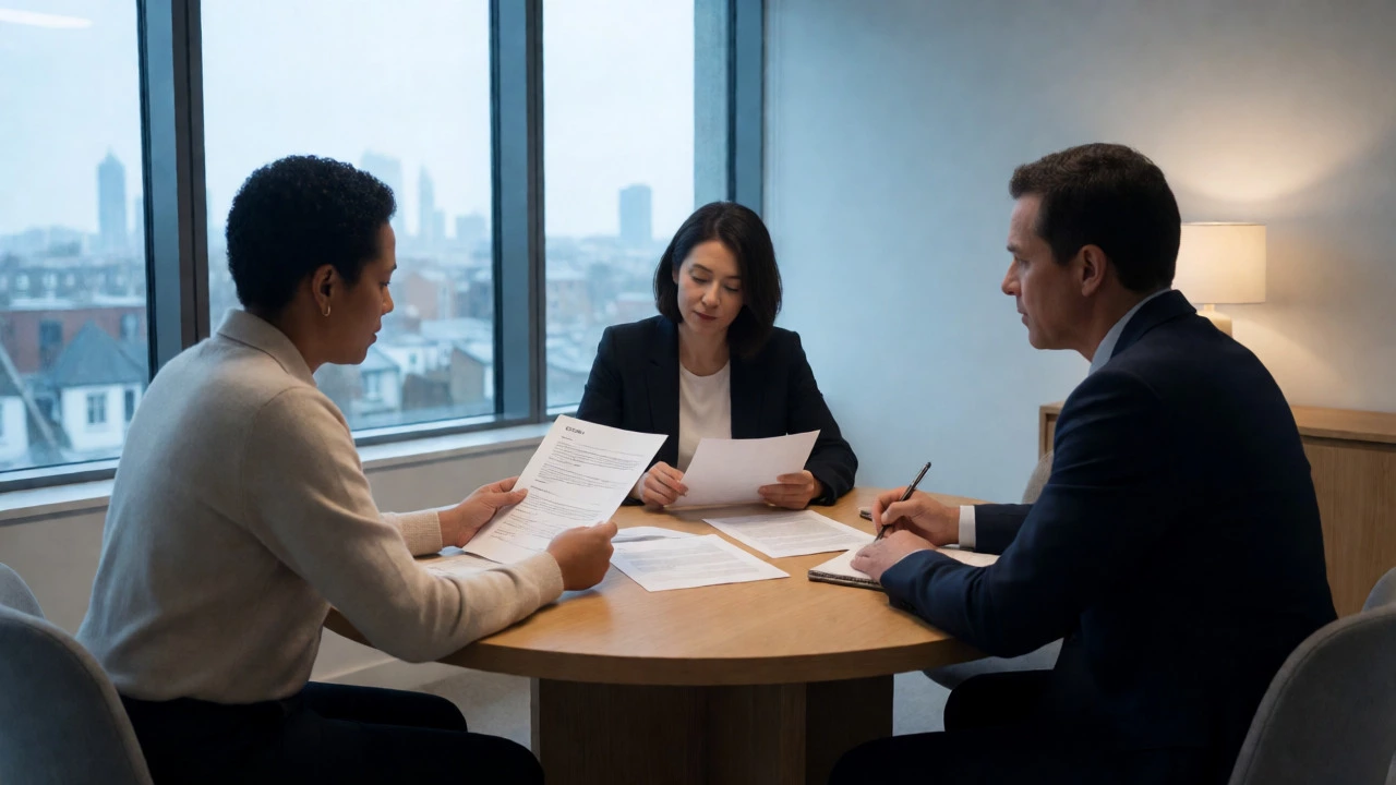Three people discussing documents around a conference table.