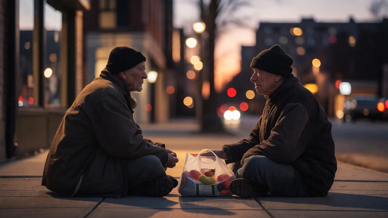 Two people sitting at eye level sharing a respectful conversation over food