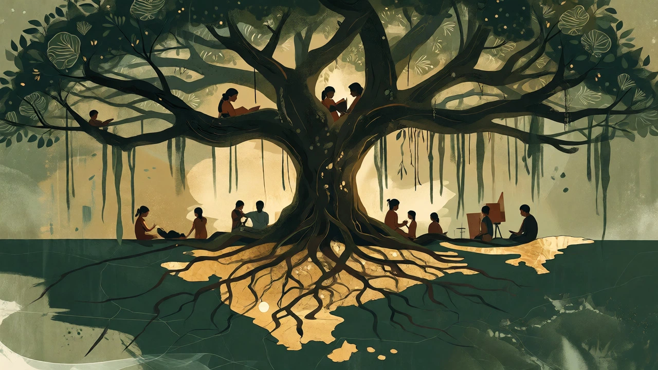 Abstract banyan tree sheltering community scenes representing lasting impact