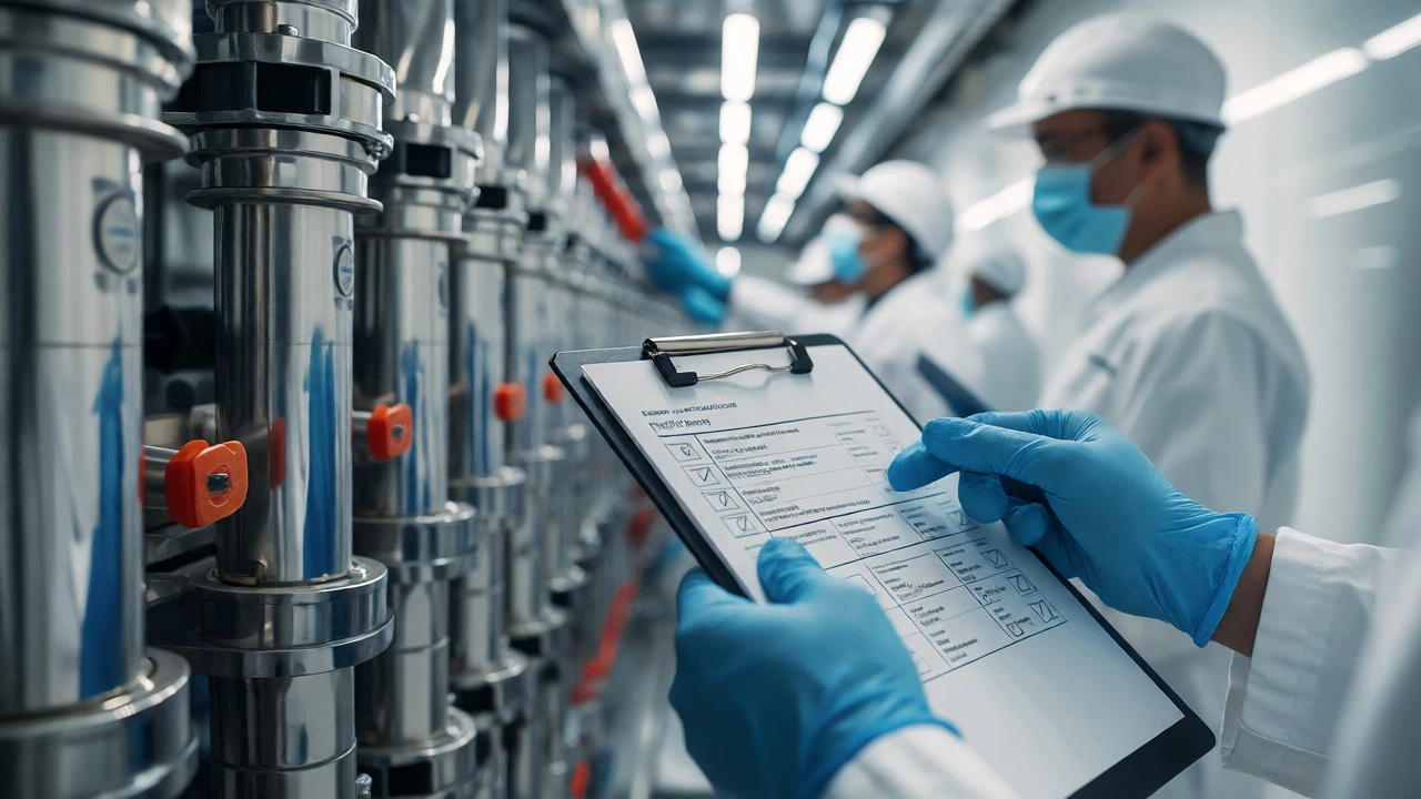 Auditor inspecting industrial equipment for compliance checks