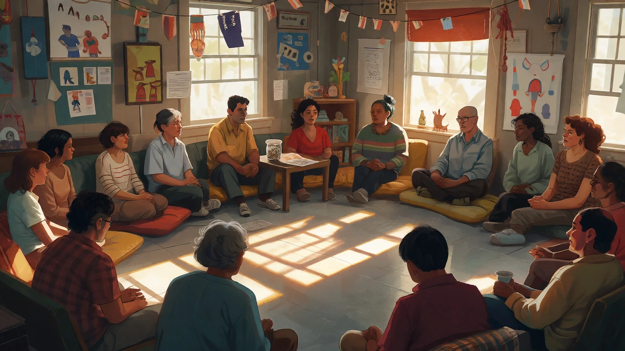 Community gathering in a cozy room supporting rare mental health causes.