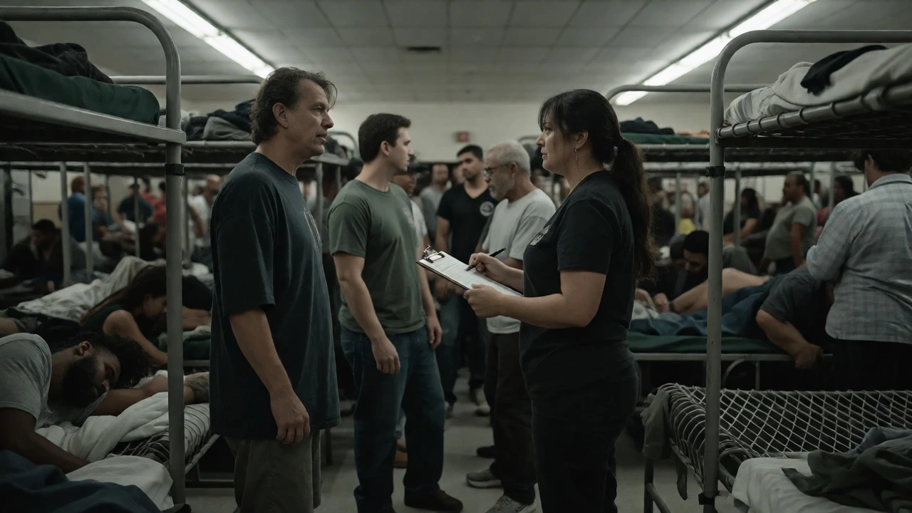 Crowded interior of an overwhelmed Texas homeless shelter with staff managing intake.