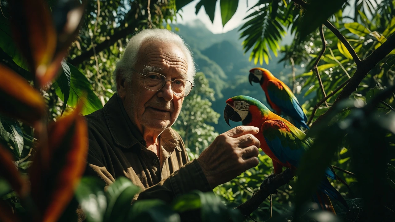 Elderly broadcaster in a lush rainforest with a parrot