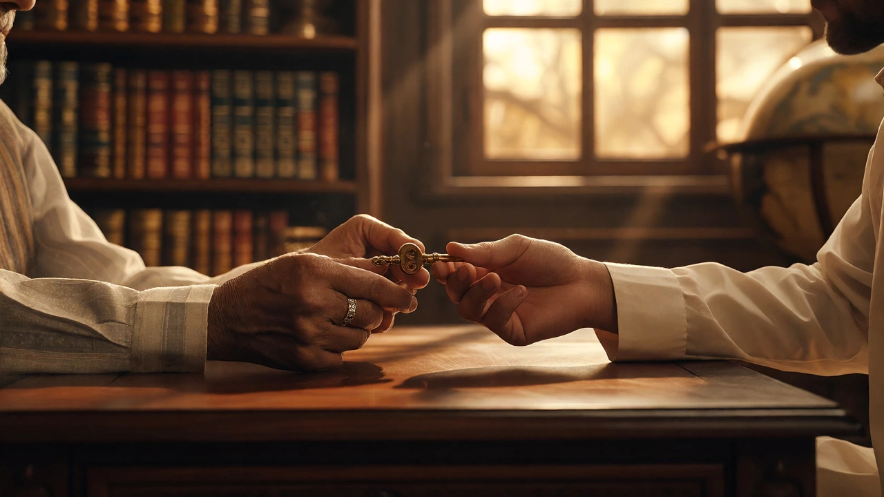 Elderly man passing a key to his grandson symbolizing legacy transfer