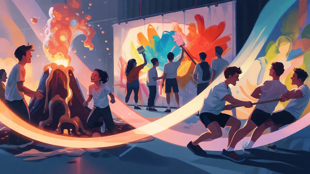 Illustration of STEM experiments, art projects, and team sports at school.