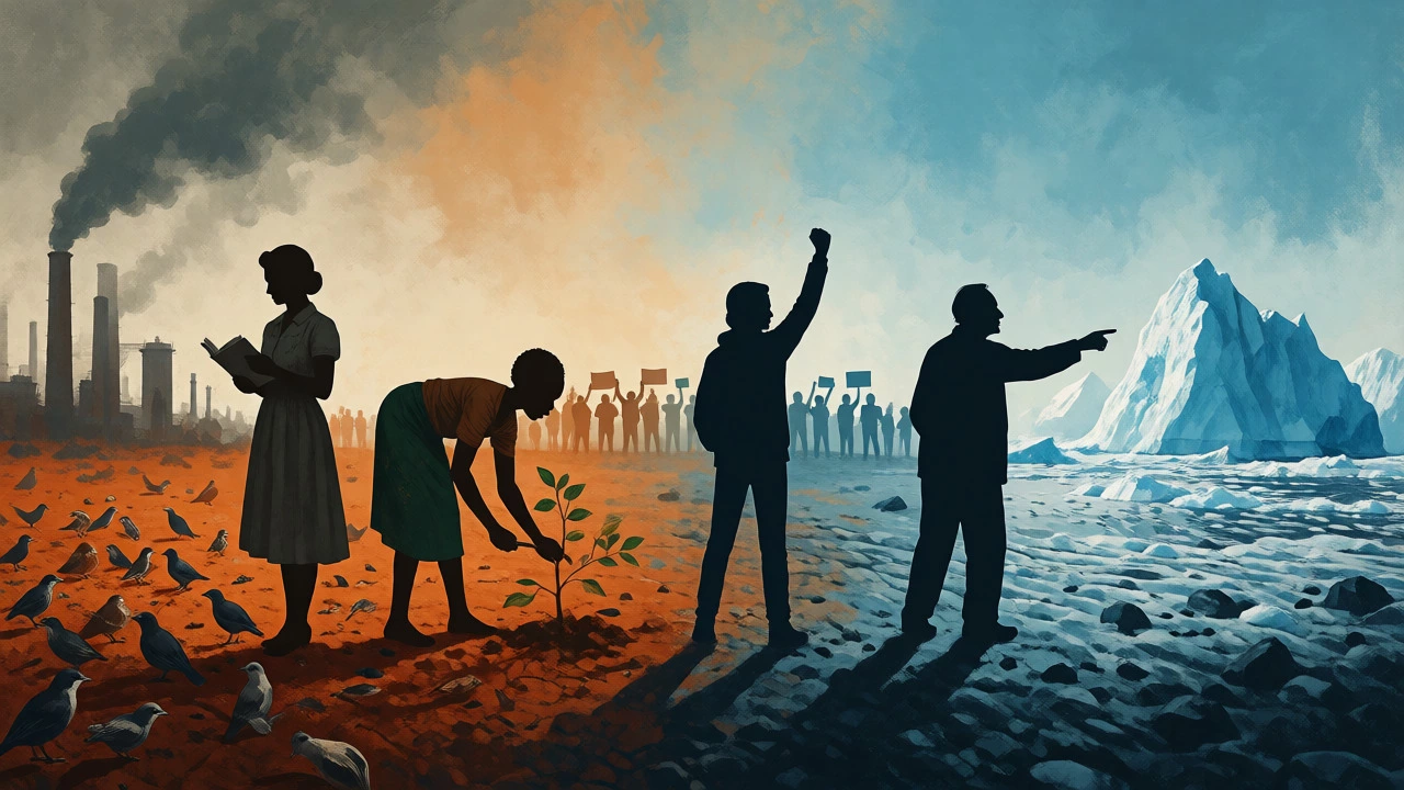 Silhouettes of diverse activists across a changing landscape