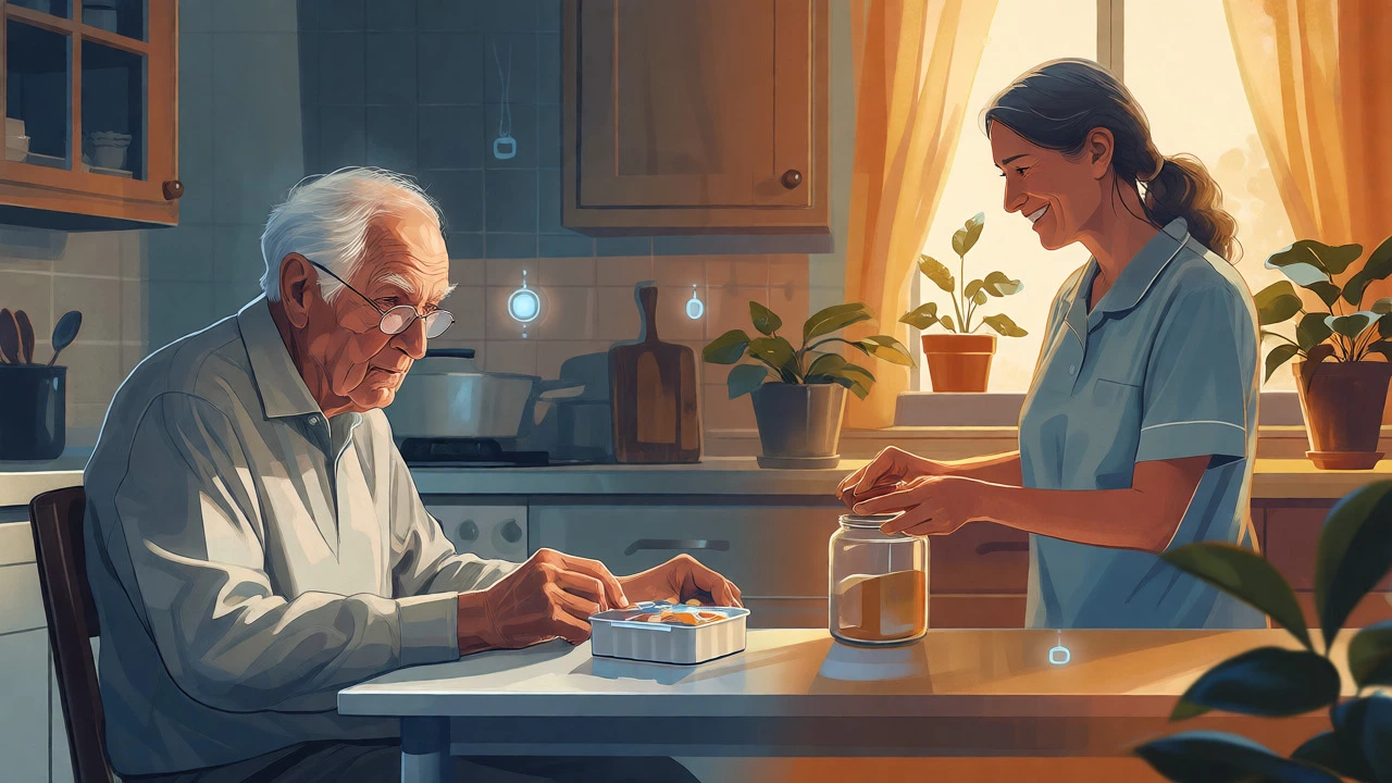 Split view of isolated elderly man versus supported man with caregiver and sensors