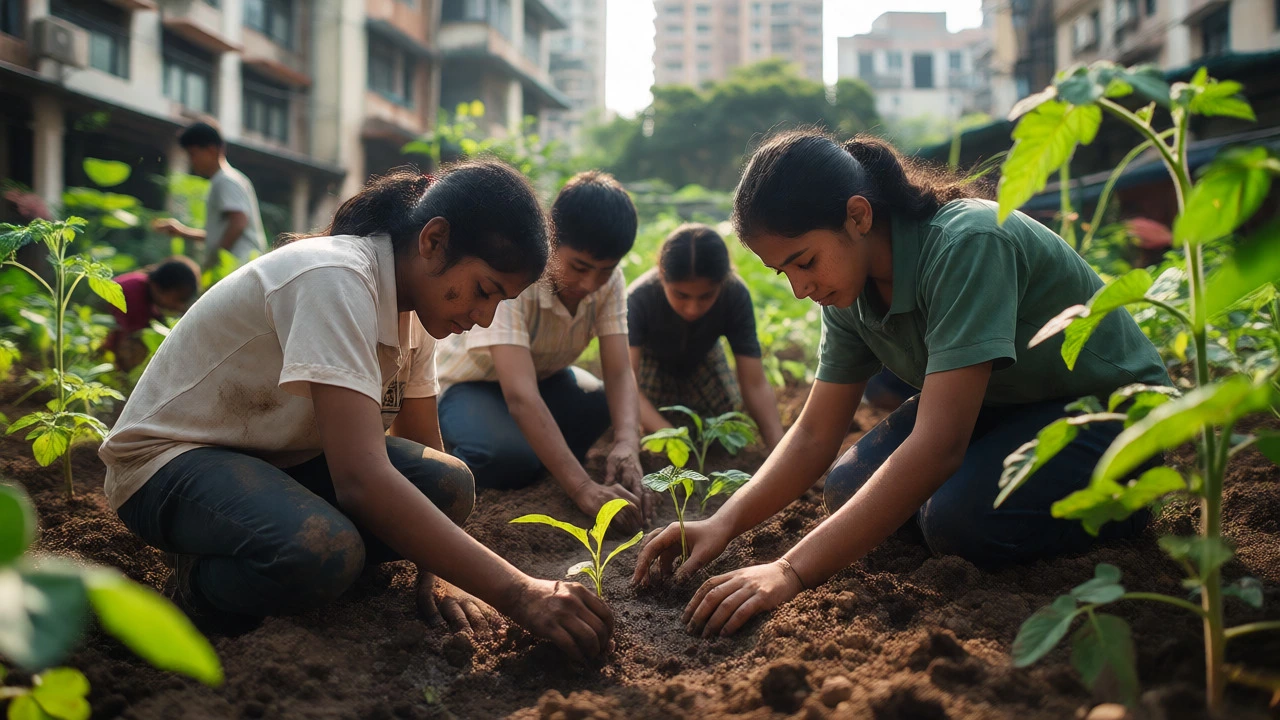 Students planting vegetables in a school community garden club.