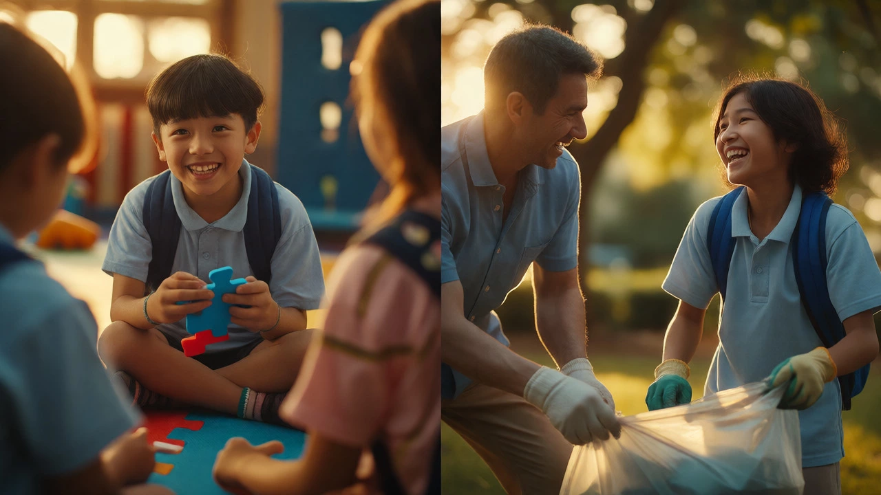 Teacher and student bonding during a community service activity at sunset.