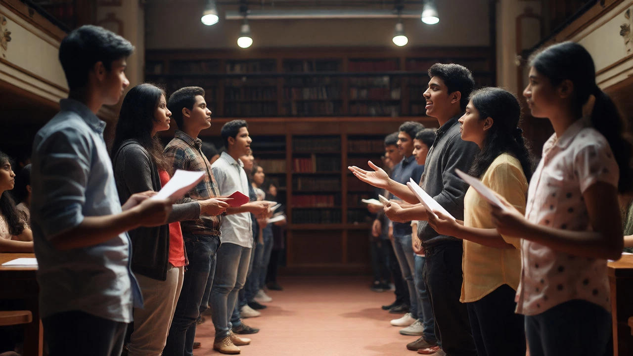 Teenagers debating passionately in a structured debate society session.