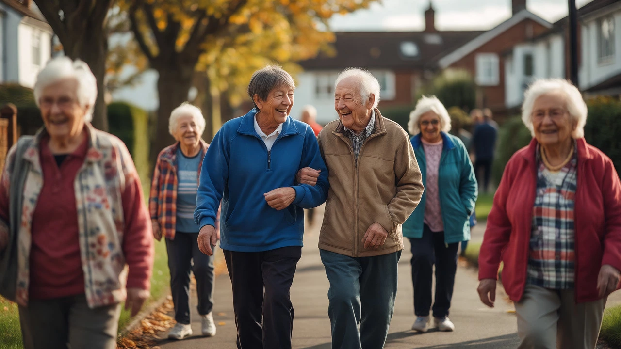 Volunteer walking and laughing with an elderly man in an outdoor park setting