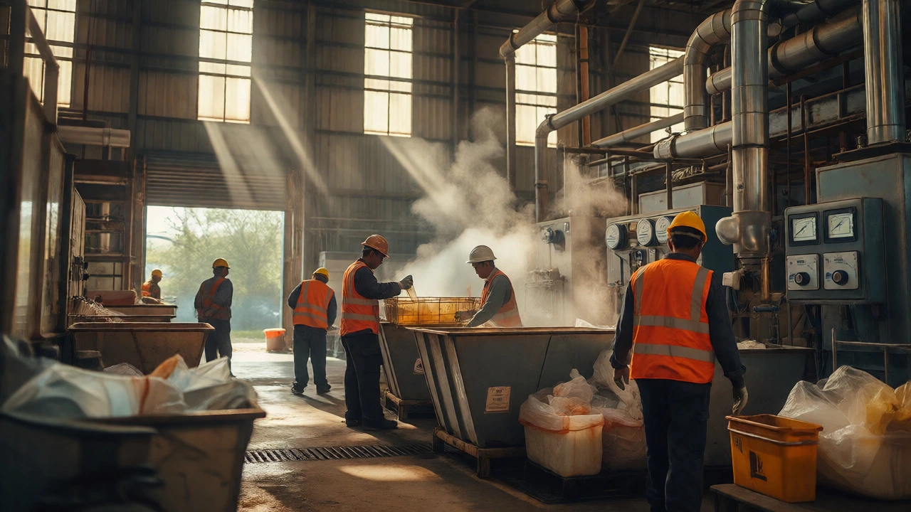 Workers managing waste and energy in an industrial factory setting
